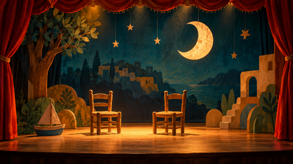 Symbolische Illustration: kleine Theaterbühne mit zwei Stühlen, Papiermond und rotem Vorhang.