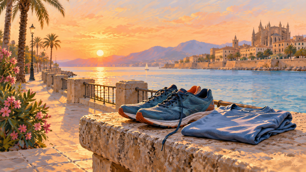 Symbolische Illustration: Laufschuhe und Sportshirt auf einer Steinbank an einer mediterranen Promenade.