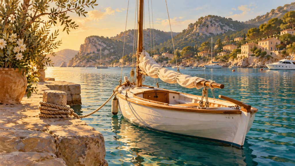 Concept illustration: a small sailing boat with its sail furled at a Mediterranean quayside.