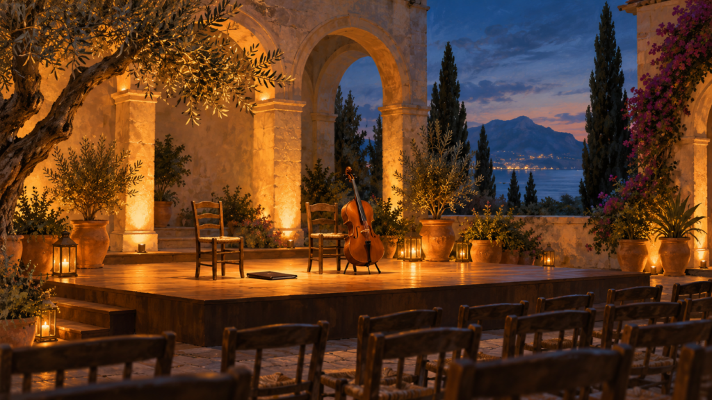 Symbolische Illustration: zwei Stühle und ein Cello auf einer fiktiven Bühne im mediterranen Innenhof.