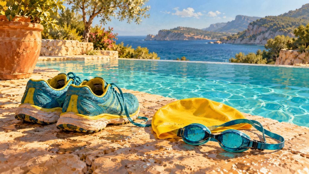 Symbolische Illustration: kleine Laufschuhe, Badekappe und Schwimmbrille am Schwimmbecken.