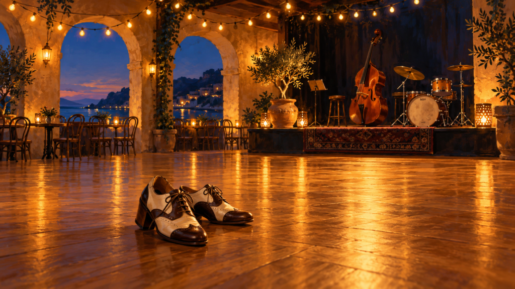 Symbolische Illustration: Swingtanzschuhe auf einem Holzboden vor einer leeren Jazzbühne.