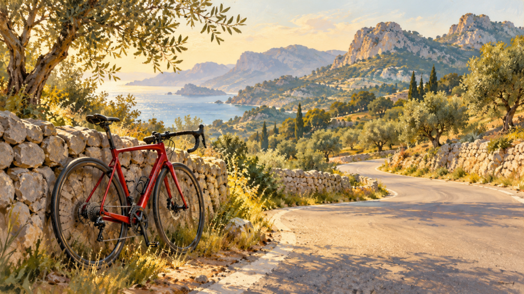 Concept illustration: a red road bike against a dry-stone wall beside a Mediterranean country road.