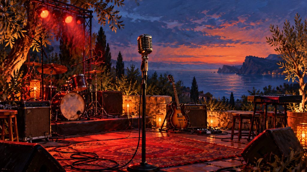 Symbolische Illustration: Mikrofon und Musikinstrumente auf einer fiktiven Freiluftbühne bei Abendlicht.