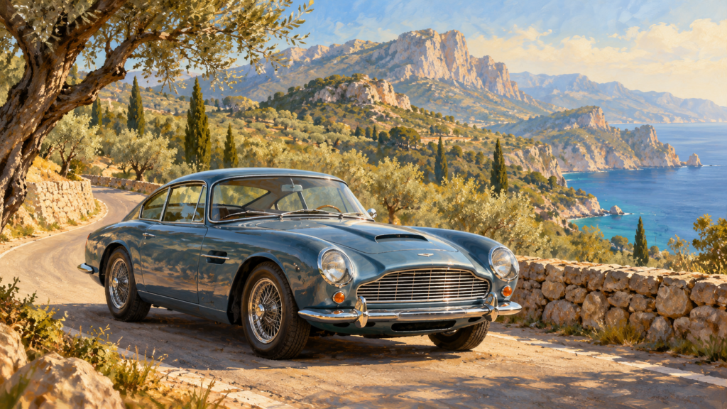 Symbolische Illustration: blauer Oldtimer an einer kurvigen mediterranen Küstenstraße.