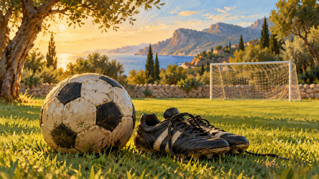 Concept illustration: a football and youth football boots on green grass in front of a training goal.