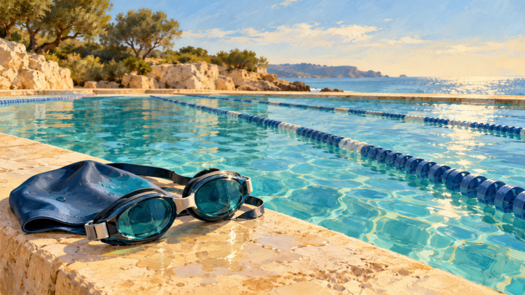 Symbolische Illustration: Schwimmbrille und Badekappe am Rand eines mediterranen Schwimmbeckens.