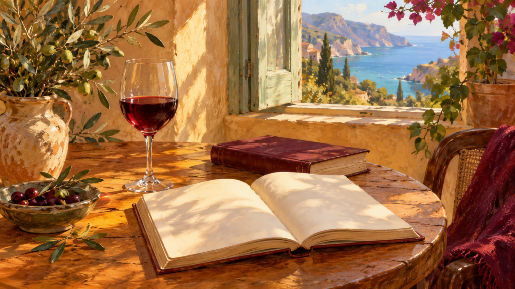 Symbolische Illustration: aufgeschlagenes Buch und Rotweinglas auf einem Tisch am mediterranen Fenster.