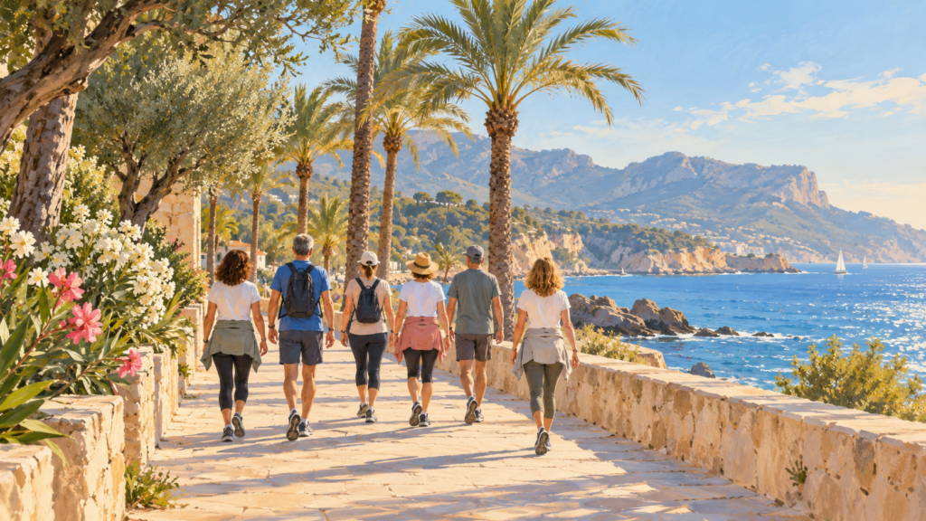 Concept illustration: a group of adults walking together along a Mediterranean promenade.