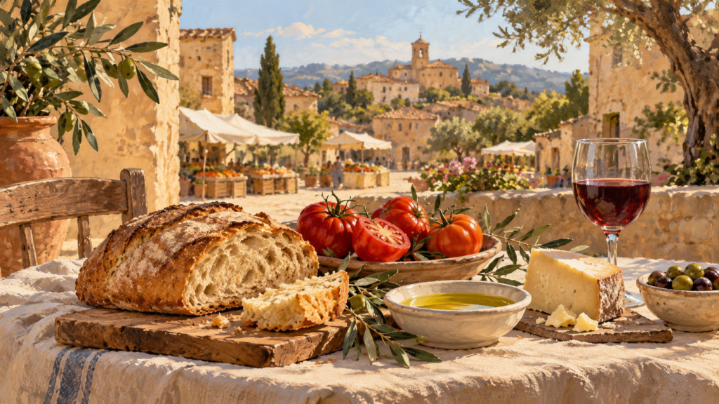 Symbolische Illustration: Brot, Tomaten, Olivenöl, Käse und Wein auf einem mediterranen Genusstisch.
