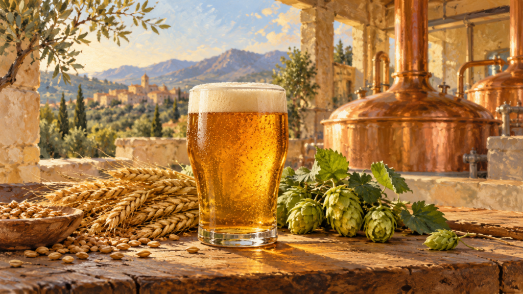 Symbolische Illustration: Glas mit bernsteinfarbenem Bier, Gerste und Hopfen in einer fiktiven Brauereiszene.