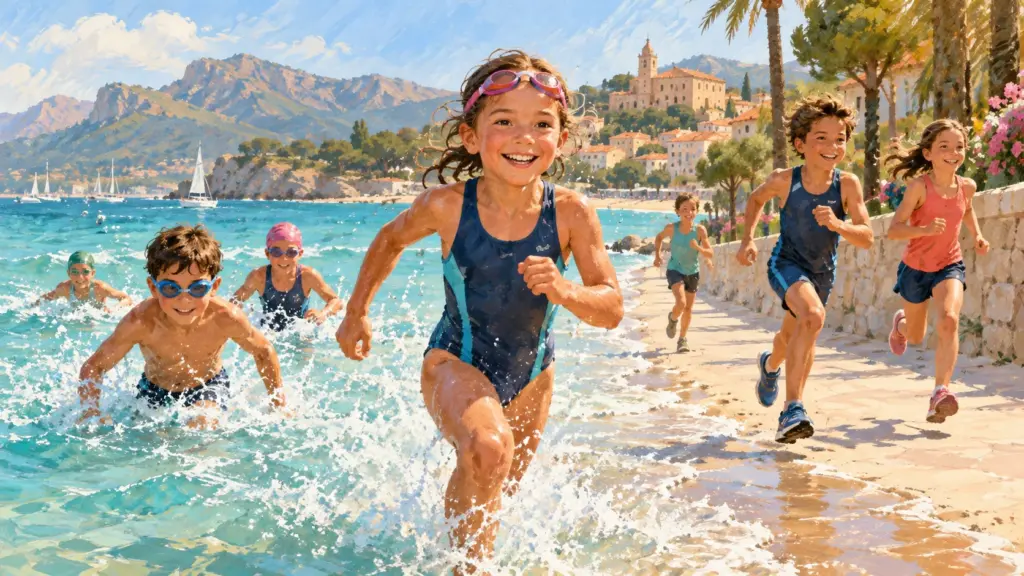 Gemalte Kinder beim Schwimmen und Laufen am Strand