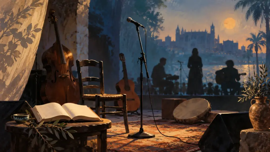 Illustration einer Bühne mit Buch und Instrumenten als Symbolbild für das poetische Konzert L’amor, la set.