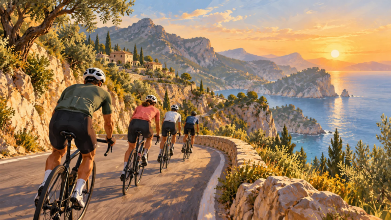 Painted illustration of road cyclists on a coastal road in Mallorca