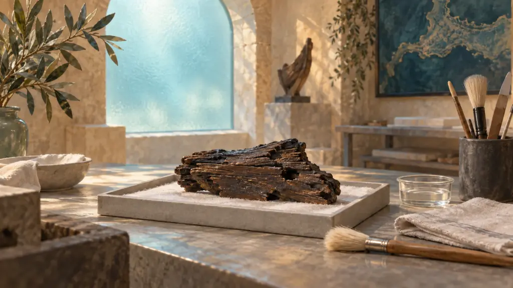 Malerisches Symbolbild eines historischen Holzfragments und behutsamer Restaurierungswerkzeuge auf einem Museumstisch.