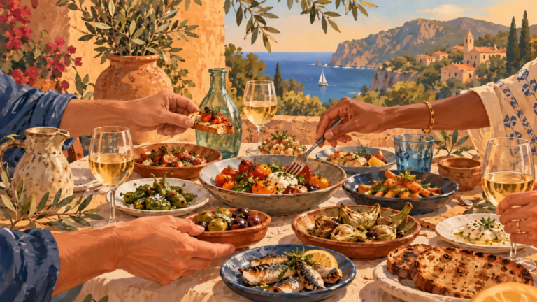 Malerische Symbolillustration einer mallorquinischen Tapas-Tafel mit Meerblick für La Mostra Calvià.