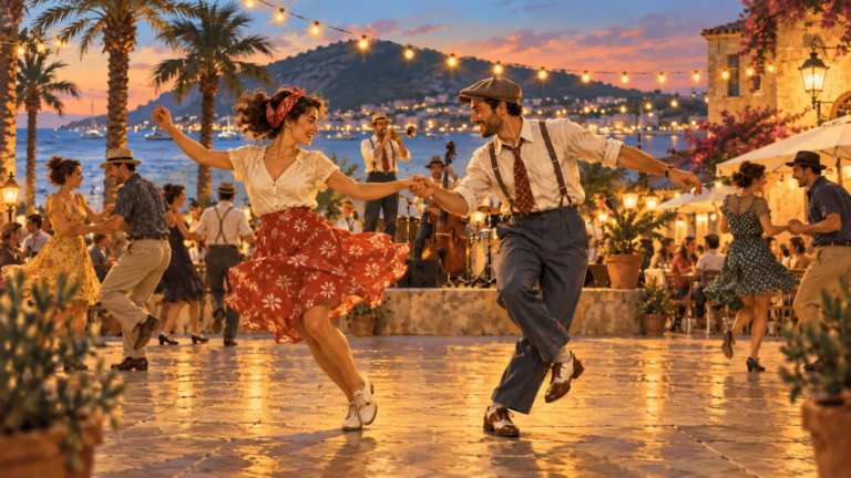 Gemaltes Swing-Tanzpaar mit Liveband am Abend