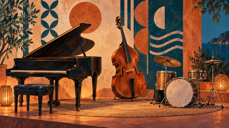 Illustration von Klavier, Kontrabass und Schlagzeug als Symbolbild für das Trio Ovella Negra.