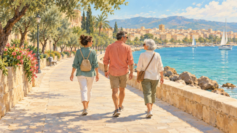 Malerische Illustration von drei Erwachsenen beim gemeinsamen Spaziergang an einer mediterranen Uferpromenade als Symbolbild für den Spendenmarsch in Palma.