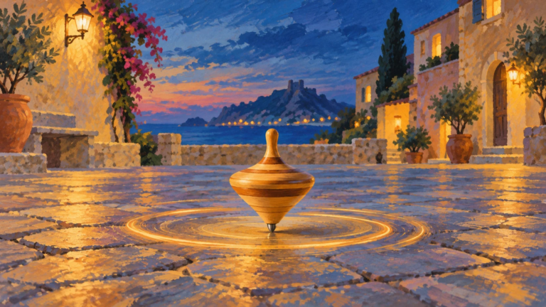 Ilustración de una peonza de madera en una plaza mediterránea al atardecer.