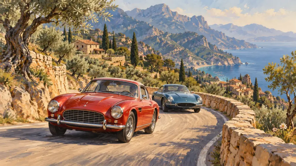 Peinture représentant deux voitures anciennes sur une route méditerranéenne sinueuse